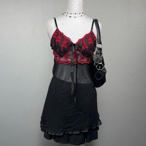 Y2K Gothic Romantic Sheer Top Lingerie Dress Vamp Red Black‎ Mesh Women's Medium